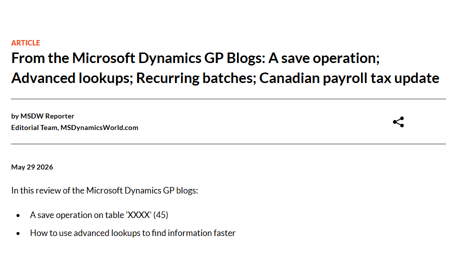 msdynamicsworld's tweet photo. From the #Microsoft #DynamicsGP Blogs: A save operation; Advanced lookups; Recurring batches; Canadian payroll tax update. https://t.co/9BMKyKg2hF https://t.co/l3Em7ocbgR