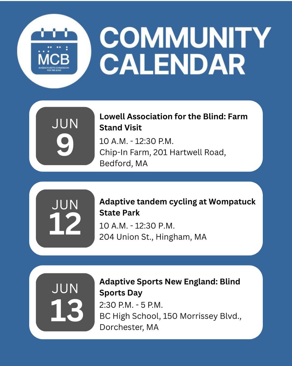 massblind's tweet photo. Next week on the MCB Community Calendar:

June 9: @LowellBlind - Farm Stand Visit
June 12: @MassDCR - Adaptive tandem cycling at Wompatuck State Park
June 13: Adaptive Sports New England - Blind Sports Day

View the full Community Calendar for more info: https://t.co/SKj60LysZn https://t.co/FjJ4pQpFS1