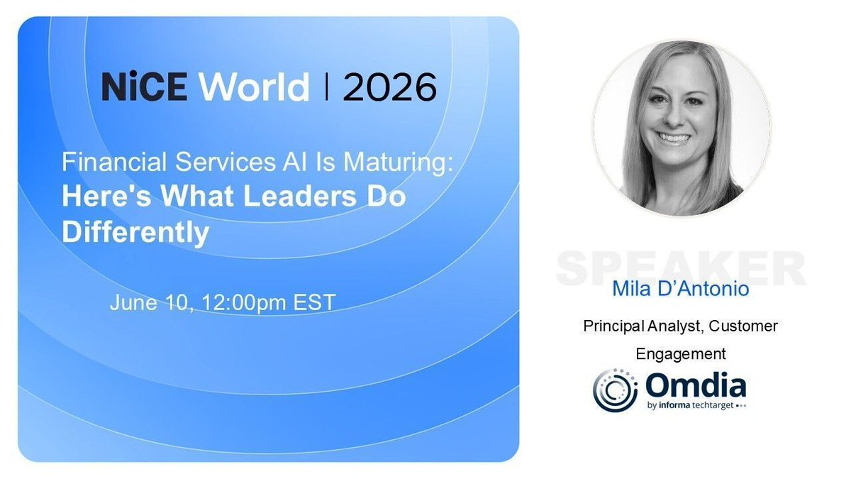 miladantonio's tweet photo. One week and counting until my panel @ #NiCEWorld26! I'm excited to chat with @DavidMyron, @OmdiaHQ; Karen Inbar &amp; Kreg Monson @Nice about #AI in FSI. We'll discuss topics ranging from the drivers of AI adoption to managing the growth at scale. Come join us at noon in Theater #6. https://t.co/yuSKzd7flO