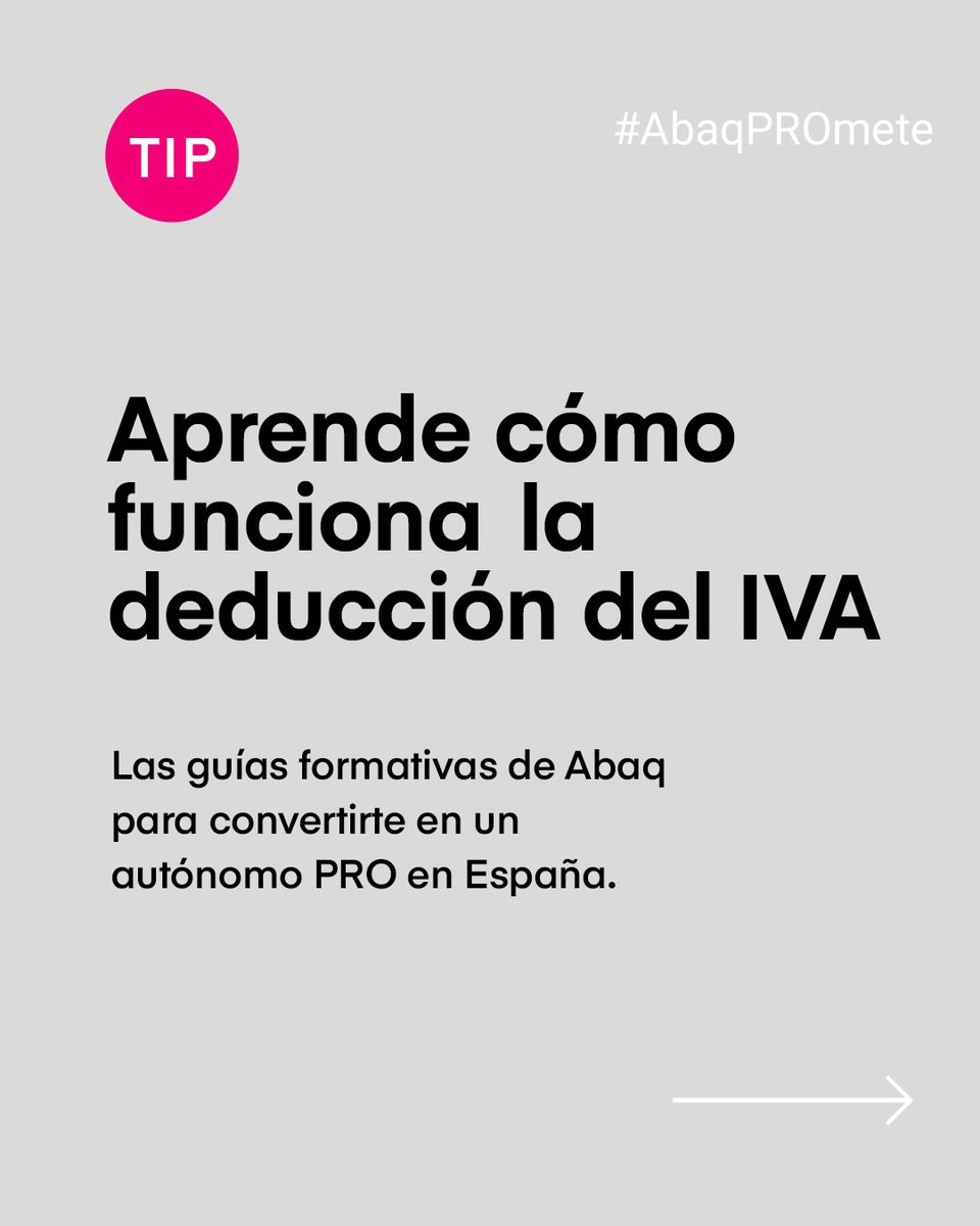 abaqpro's tweet photo. Como #autónomo puedes recuperar el #IVA de tus compras siempre que estén relacionadas con tu actividad empresarial. 👍 Aprende cómo gracias a nuestros cursos online gratuitos y paga menos #impuestos.

https://t.co/mLdBZglD4q

#Abaq #lagestoríadigitalPRO #abaqPROmete #aprende https://t.co/RlnYTZtpc7