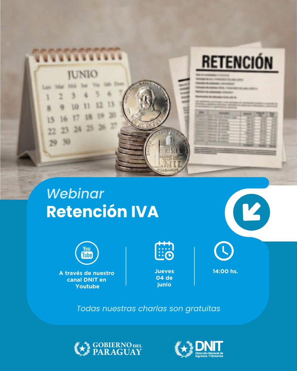 DNITpy's tweet photo. 🧑‍💻 Hoy a las 14:00 te esperamos con el Webinar de Retención del IVA que será transmitido a través de nuestro canal de YouTube @DNITpy https://t.co/UuXj0nt7AA