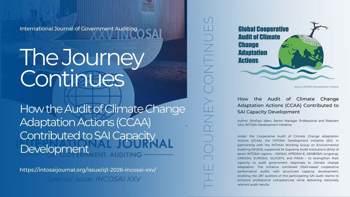 INTOSAIJournal's tweet photo. Under the Cooperative Audit of Climate Change Adaptation Actions, SAIs from 7 INTOSAI regions came together to audit their governments' responses to climate change, and build their own capacity at the same time. Learn more in an article from @INTOSAI_IDI : https://t.co/WUHBxujHs5 https://t.co/OmN7JQEMdi
