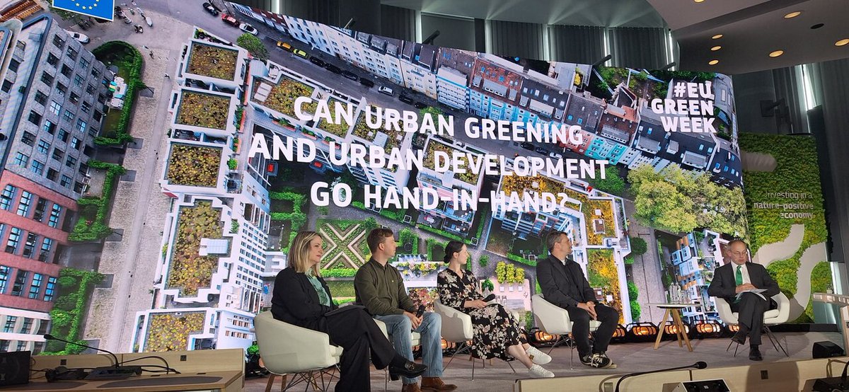 EUGreenCapital's tweet photo. Green infrastructure in the spotlight at #EUGreenWeek 2026🌿  

Dalila Sepúlveda, Environmental and Sustainability Director at #Guimarães, 2026 #EUGreenCapital, took the stage alongside a representative from #Leuven, 2018 #EUGreenLeaf and Patrick Child, Deputy Director General at DG Environment 👏
