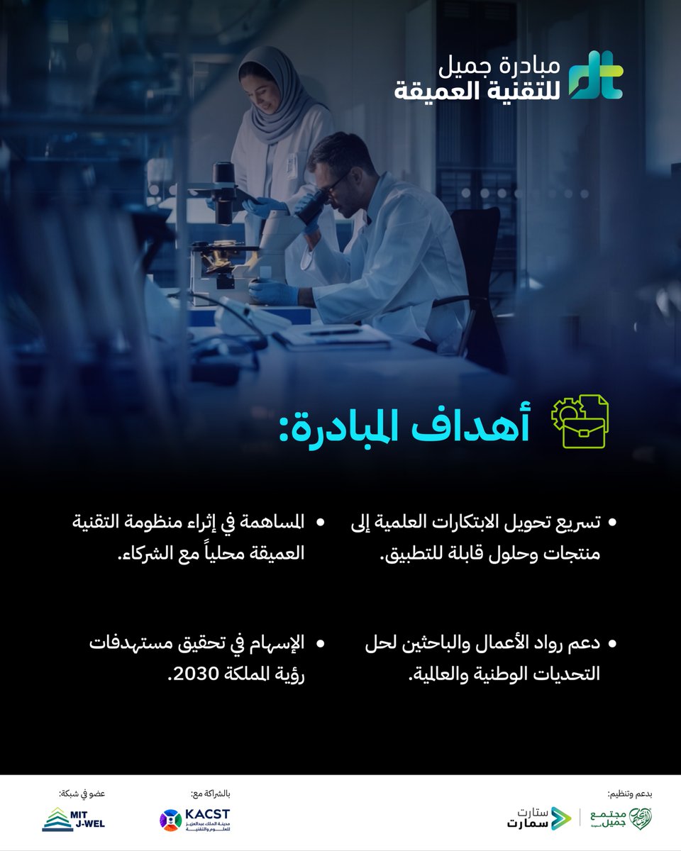 startsmartsaudi's tweet photo. تسعى مبادرة #جميل_للتقنية_العميقة إلى خلق بيئة داعمة للتقنيات العميقة في المملكة العربية السعودية، من خلال دعم رواد الأعمال والباحثين والمبتكرين لتحويل المخرجات العلمية الى منتجات وحلول تجارية.

بادر بتسجيل مشروعك الريادي الآن: https://t.co/2WFHtxUYRb

The #Jameel_DeepTech initiative aims to create a supportive ecosystem for deep technologies in Saudi Arabia, by empowering entrepreneurs, researchers, and innovators to transform scientific outcomes into commercial products and solutions. 

Register your venture now:
https://t.co/2WFHtxUYRb