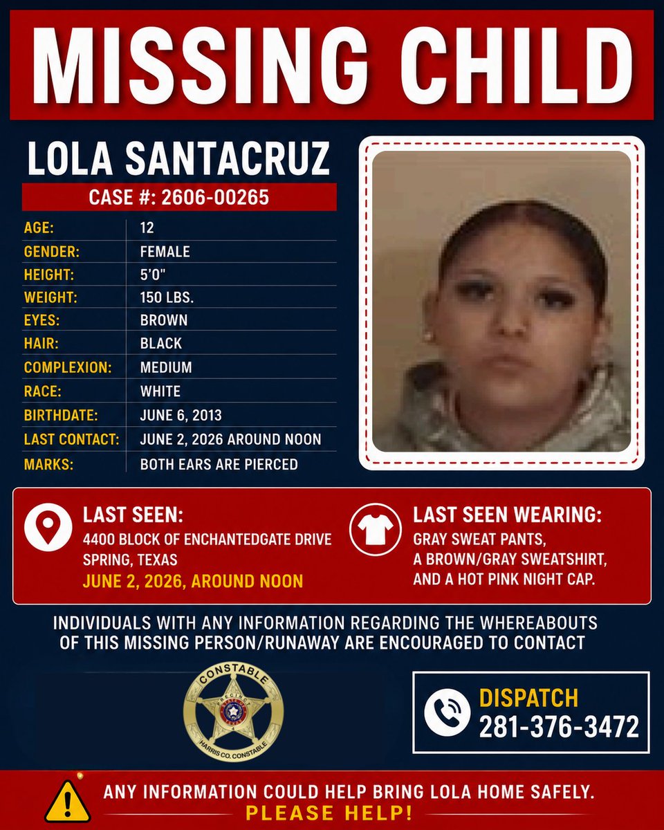 Pct4Constable's tweet photo. 📷 MISSING CHILD: HELP BRING LOLA HOME 📷

"Please share and help bring Lola home safely."— Constable Mark Herman

Follow us at Mark Herman, Harris County Constable Precinct 4, Instagram @Constablepct4 and download our mobile app “C4 NOW” https://t.co/Mj45AFQ3Wk