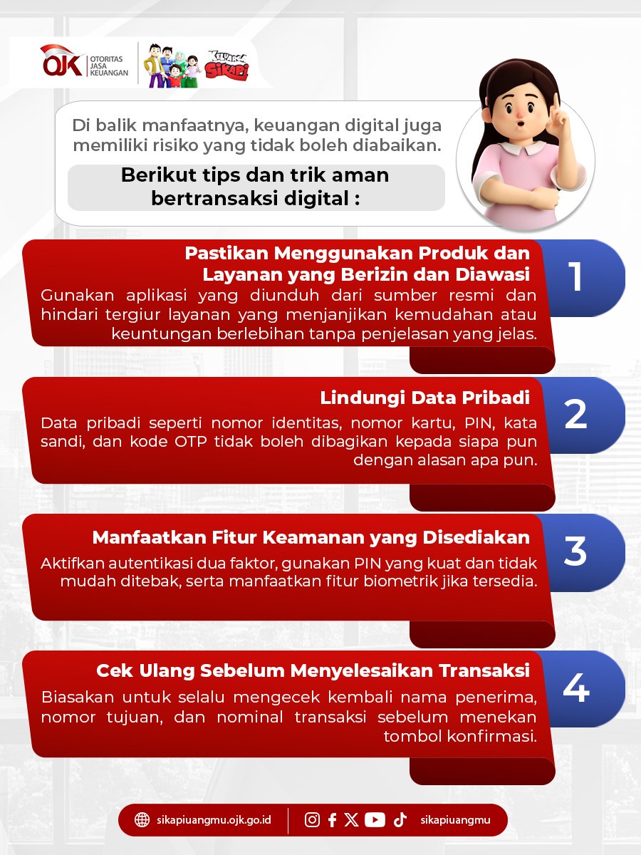 Nikithawyd's tweet photo. Keuangan digital adalah alat yang memudahkan kehidupan, tetapi hanya akan benar-benar bermanfaat jika digunakan dengan pemahaman yang cukup.
Dengan membekali diri melalui literasi keuangan digital dan membiasakan perilaku transaksi yang aman, Sobat dapat menikmati manfaat https://t.co/R0wY9vEtOU