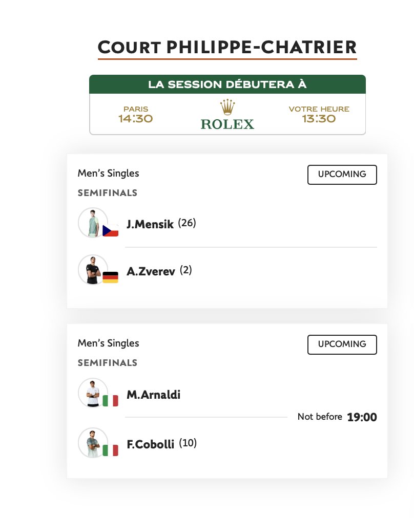 josemorgado's tweet photo. Mensik vs. Zverev 2.30pm tomorrow.

Arnaldi vs. Cobolli 7pm https://t.co/6jME6KbNfd