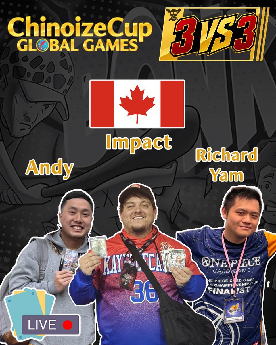 Chinoize_'s tweet photo. CHINOIZECUP GLOBAL GAMES 🌎

GROUP A: 
🇳🇱 @SkepasG , @sleepingGen1us &amp; @NevenRaphael 
🇸🇬 @ELV_Chalice @jhlee88888 &amp; @nuewbii 
🇪🇸 @opgato22 , @sempere_95 &amp; @Davidmelee98 
🇨🇦 @Impact_onfire @AndyNguyenOPTCG &amp; @YamatuerTCG 

Who are you rooting for?!
Revealing Group B tomorrow! https://t.co/tYknYv8DWU