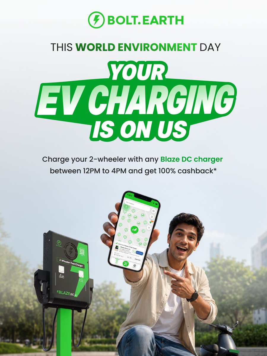 bolt_earth's tweet photo. World Environment Day Special 😍

Charge your two-wheeler with any #BlazeDC charger between 12 PM and 4 PM on 5th June.

Pay → Get a 100% cashback, within a day.
Clean drive, free charge with @bolt_earth 💚

Are you in for the Friday plan?

#BoltEarth #WorldEnvironmentDay2026 #GoGreen #EVCharging #Free #NowForClimate