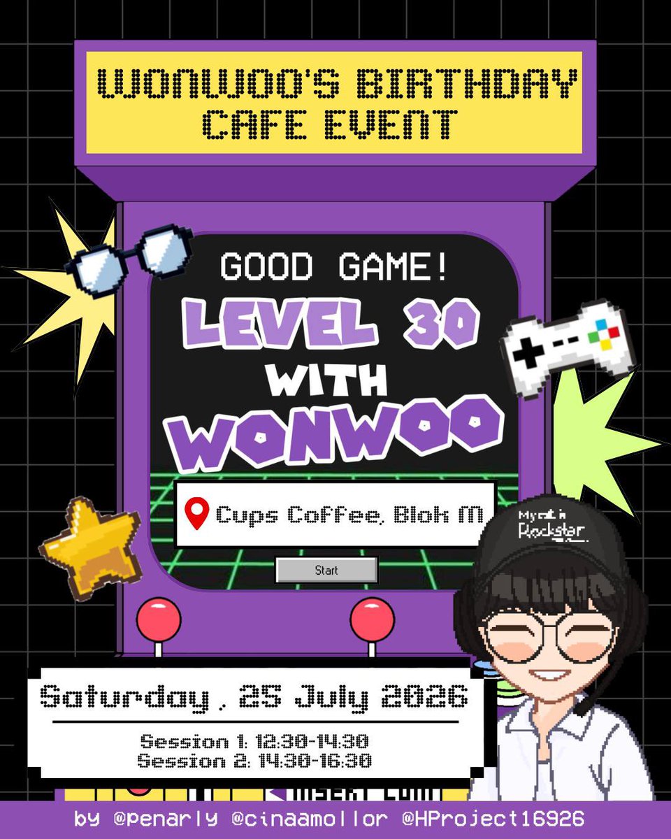 penarly's tweet photo. Players, get ready to enter the game ｡｡｡

#WONWOO’s birthday cafe event by
@penarly @cinaamollor @HProject16926

        ✧ Good Game! ✧
LEVEL 30 with WONWOO

📆 Sat, 25 July 2026
📍 Cups Coffee, Blok M
RSVP : Sat, 6 June | 21:00 WIB

#GGLvl30withWonwoo https://t.co/9KvosTkltx