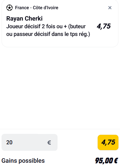 Nathanval7's tweet photo. @Betclic Cherki décisif 2 fois ou +
Moonwalker8284 https://t.co/tY1Eji6oia