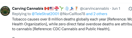 TeleStrat2001's tweet photo. @cnnbrk @SenatorLankford @SenRonJohnson @Gop @indgop @DanaPerino @CBSNews @PAGOP  Carvings post below is typical cannabis advocate deception. Carving quotes tobacco death numbers then states no OD deaths from cannabis. He fails to mention there are no tobacco OD deaths. Cannabis has the same health concerns as tobacco  plus  more...... heart disease, cancer, lung heath, affective disorders, anxiety, sleep disorders, cognitive failures, respiratory adverse events, cancer, cardiovascular outcomes, and gastrointestinal disorders. Moreover, cannabis use is a risk factor for motor vehicle collision, suicidal behavior and partner and child violence