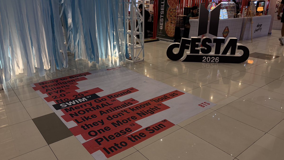 btstokyos's tweet photo. if you guys are near ayala malls cloverleaf, visit the festa event on the ground floor until june 7! 

they r blasting arirang ( top to bottom ), have booths w official &amp; fan made merch, bts stamps, &amp; you can write a letter to the tannies! 🥹 https://t.co/lCgnE5lIES