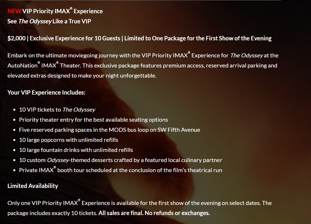 nickvlah561's tweet photo. My local IMAX theater is offering a $2,000 ticket package to see The Odyssey😭 https://t.co/fzo0FVu15q