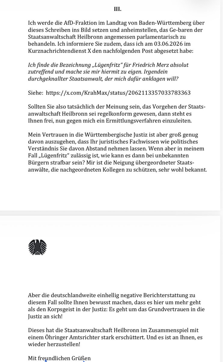 KrahMax's tweet photo. Die Verfolgung eines Bürgers wegen der wunderbaren Betitelung „Lügenfritz“ für den Lügenfritz ärgert mich. Ich habe deshalb Strafanzeige gegen die Staatsanwälte und den Amtsrichter erstattet plus Dienstaufsichtsbeschwerde. Ergänzt um eine persönliche Bemerkung! https://t.co/gWDWJC2EwN