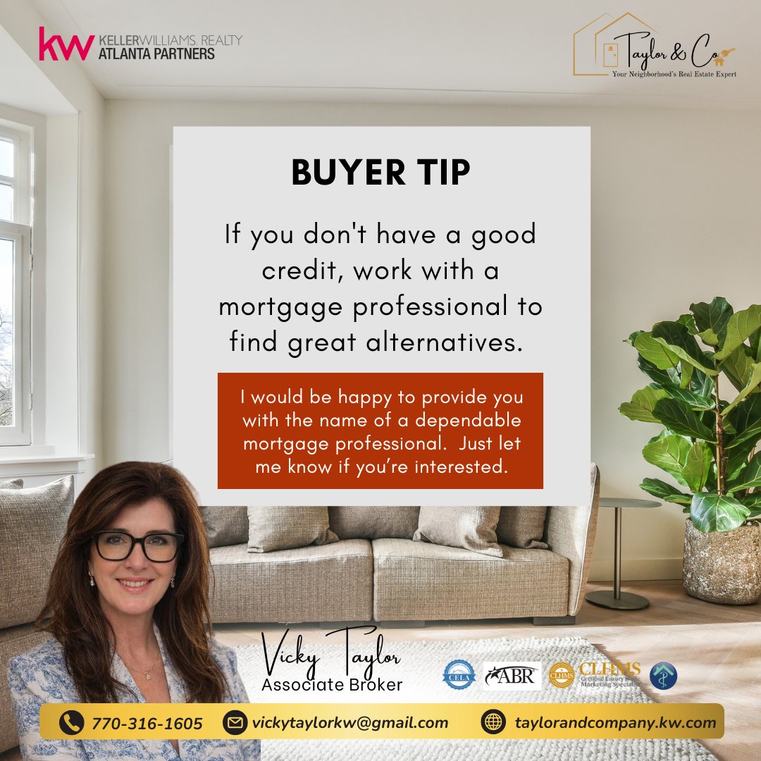 VTaylorRealtor's tweet photo. 💡 Buyer Tip:
If you don’t have a strong credit score, don’t let that stop you from exploring homeownership. Work with a mortgage professional who can help you find smart loan alternatives and guide you through your options. https://t.co/9M2kdznpyl