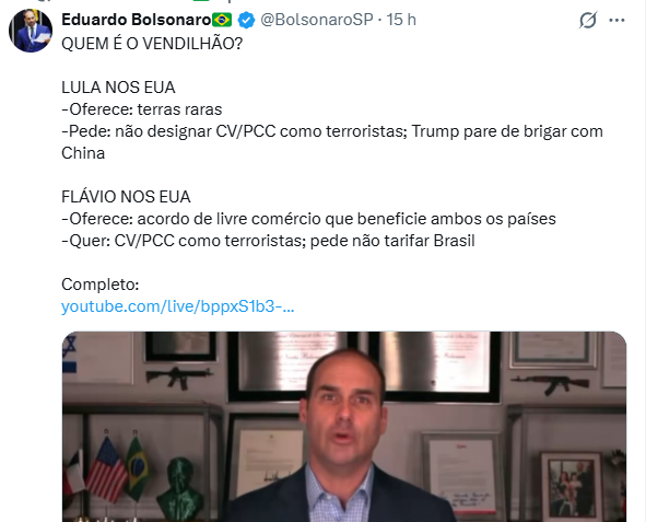 allandospanos's tweet photo. Bananinha disse em seu último post que o Lula oferece terras raras e o Flávio não.

No vídeo abaixo, Dudu diz:

"Dá pra você sentar, dá pra negociar. Eles têm interesses onde nossas economias se complementam, como, por exemplo, terras raras, manganês."

Ué? 🤔 https://t.co/Yw73Nkx9Zq