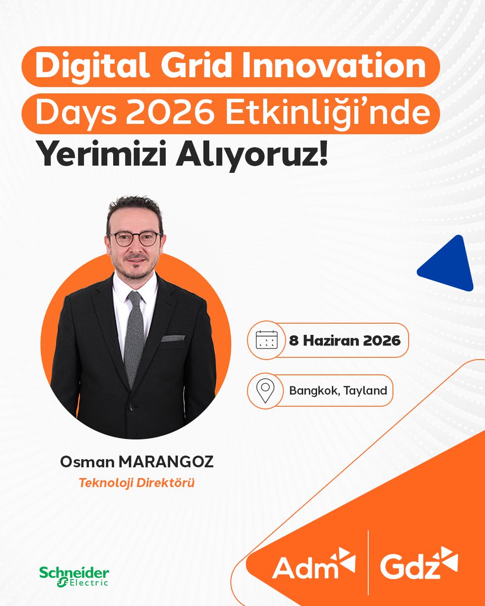 ADMEDAS's tweet photo. Schneider Electric tarafından Bangkok’ta düzenlenen uluslararası "Digital Grid Innovation Days 2026" etkinliğinde yerimizi alıyoruz.✨

Etkinliğin ilk gününde gerçekleştirilecek olan “Accelerating Digital Grid Transformation” panelinde Teknoloji Direktörümüz Osman Marangoz, panelist olarak yer alacak.

Türkiye, Hong Kong, Tayland ve Avustralya gibi farklı pazarlardan liderlerin buluşacağı bu platformda; şebeke dönüşümü vizyonumuzu ve yenilikçi teknoloji projelerimizi, veri ve dijital teknolojilerle şekillenen yeni işletme modellerimizi, müşteri perspektifiyle daha esnek ve geleceğe hazır enerji sistemleri sunmak için dijital teknolojilerden, verilerden ve yeni işletme modellerinden nasıl yararlanıldığını katılımcılarla paylaşacağız.

Teknolojisiyle hayata değer katan, dünya ölçeğinde lider dağıtım şirketi olma hedefimizle, bölgemiz ve ülkemiz için sürdürülebilir bir dijital enerji altyapısı inşa etmek için çalışmaya devam edeceğiz.🧡

#DigitalGridInnovationDays #Bangkok #SchneiderElectric