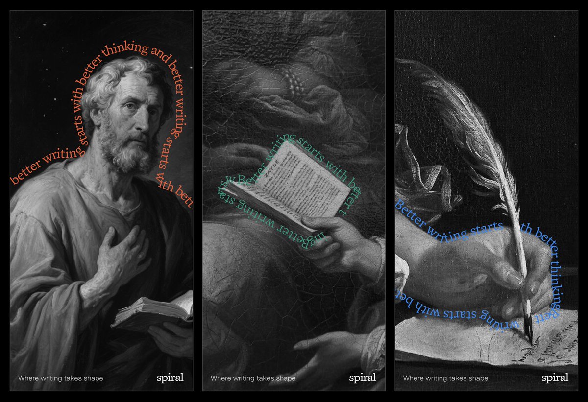 DABrundage's tweet photo. New @TrySpiral just dropped so you can write with AI without sounding like AI. Some frames from our brand evolution, the first I've had the pleasure of working on at @every: 

(CC @darustudio, @lucas__crespo, @bran_don_gell) https://t.co/1F3xt0Hutt
