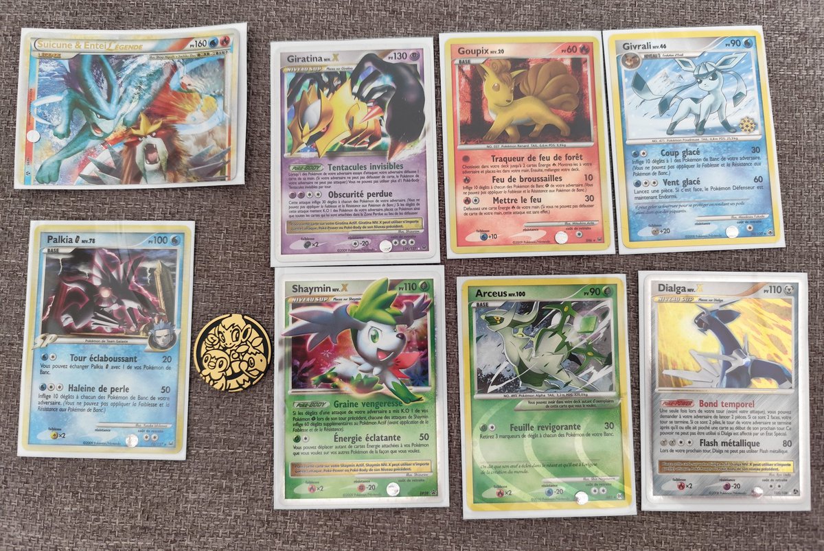 FreakyBat's tweet photo. I was going through my childhood pokemon cards and found some that have some good value on cardmarket so I'm gonna sell them + a coin! (gonna try on cardmarket and vinted) 
Posting it here in case any moot is interested and wants dibs 👍 https://t.co/0MWtXRSyil