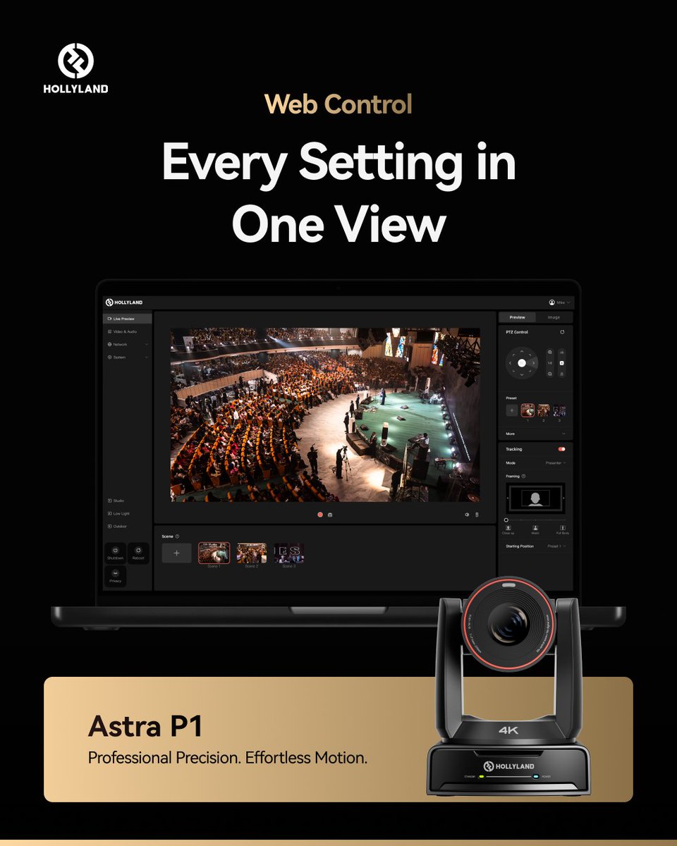 Hollyland_Tech's tweet photo. Meet Astra P1 -- Professional Precision. Effortless Motion.
✨Key Features✨
30x Optical Zoom
AI Auto Tracking
NDI®|HX3 Support
Complexity made simple.
👉 LINK IN BIO
#hollyland #astrap1 #ptzcamera #videoproduction #creativeworkflow https://t.co/0aRc2cyxLY