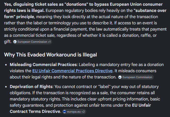 MeliaeCitrus's tweet photo. @randiv0r_ Selling tickets as donations to get out of having to uphold EU consumer rights 
Hiding a fixed cost for certain ticket tier 
Mistreatment of consumers at location  

I ain't got the time nor the money but if they piss off the wrong rich fan the lawsuit would be hilariously easy https://t.co/CWShHEX56C