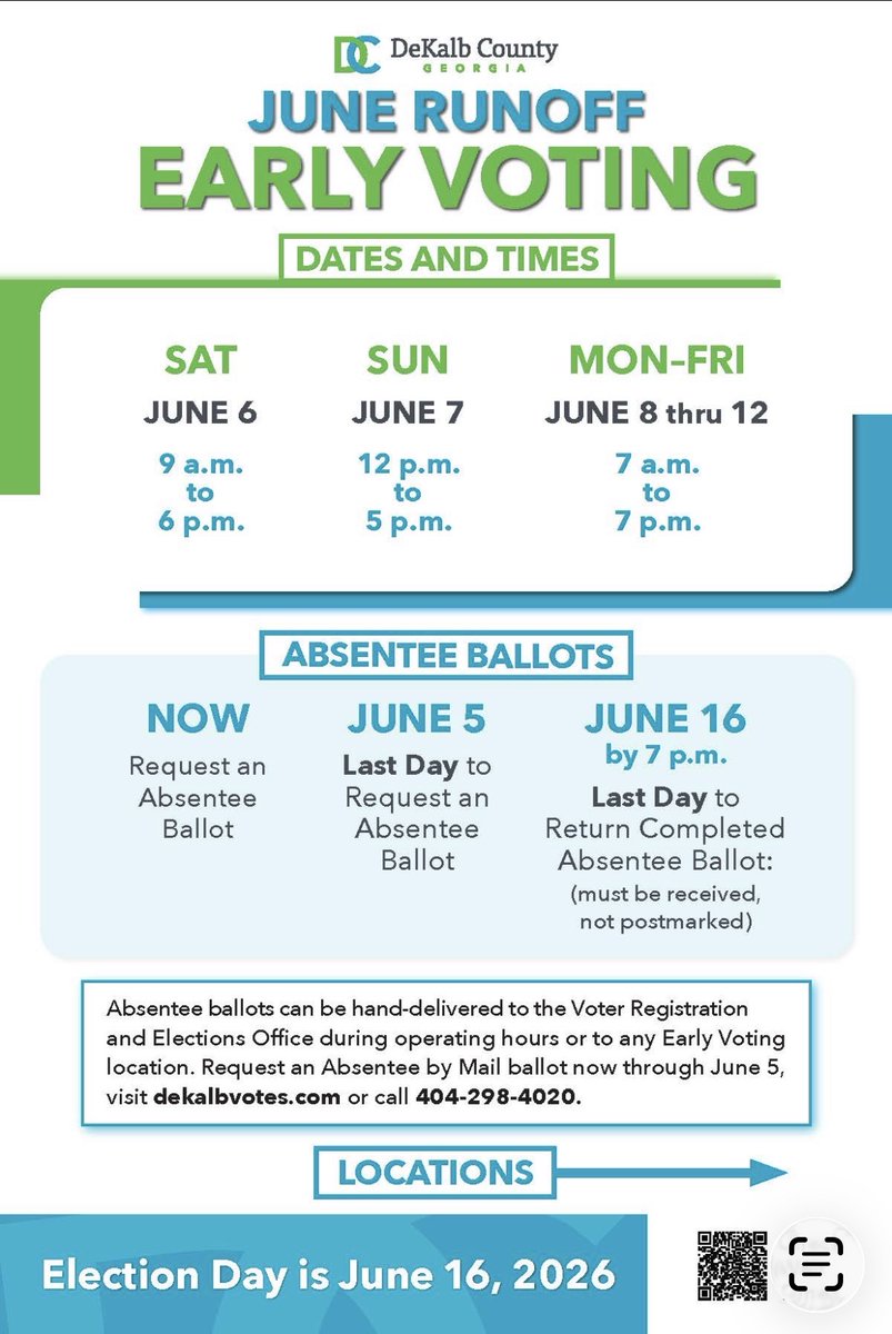 DeKalbVotes's tweet photo. DeKalb voters: the General Primary Election Runoff is June 16!  Vote early beginning June 6. Learn all you need to know at https://t.co/KpVRkoj7yM. #dekalbvotes https://t.co/DAKp2WPpjO