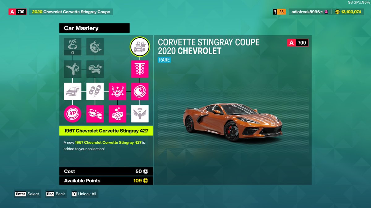 Adiofreak's tweet photo. If you purchase the 2020 Corvette Stingray in Forza Horizon 6, you can use 50 skill points to unlock the 1967 Stingray 427 for free. Not sure how many other cars are like this. https://t.co/iAhdOBqPQL