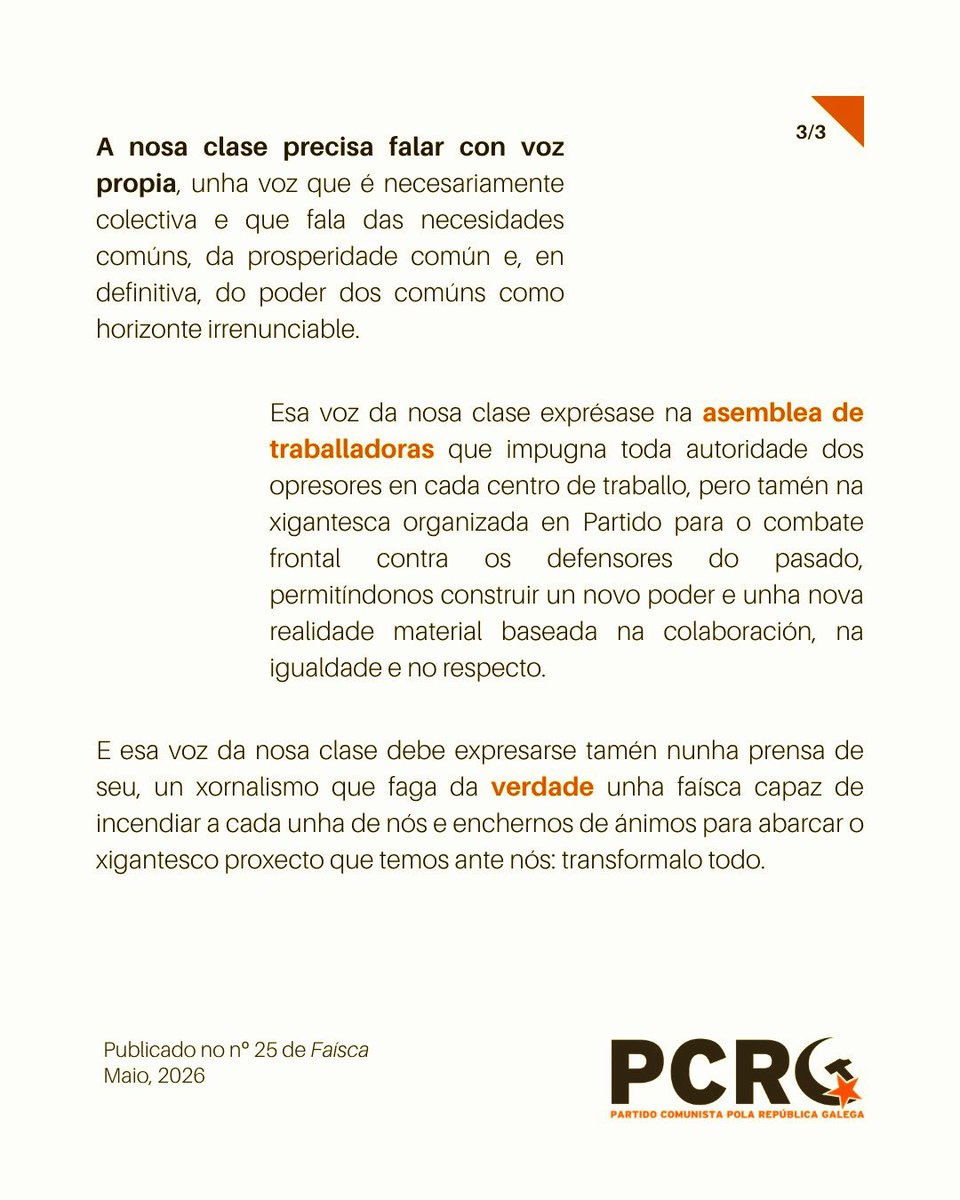 PCRG_gal's tweet photo. 🔥 DOUS ANOS DE FAÍSCA! 

25 números de axitación e organización de clase.

Unha voz colectiva que nace das asembleas de traballadoras para impugnar os opresores e transformalo todo.

✊ Dunha faísca o lume revivirá!

🧵👇 (Pasa o fío para ler o editorial) https://t.co/r7PoRtBKHD