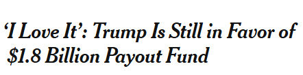 Jemsinger's tweet photo. Doesn't care about Americans financial hardship because of his War, loves slush funds for criminals.  

"President Trump on Wednesday said he still loved the idea of a $1.8 billion fund to use taxpayer money to pay his allies who claim they have been politically persecuted." https://t.co/1XfIHdMOQC