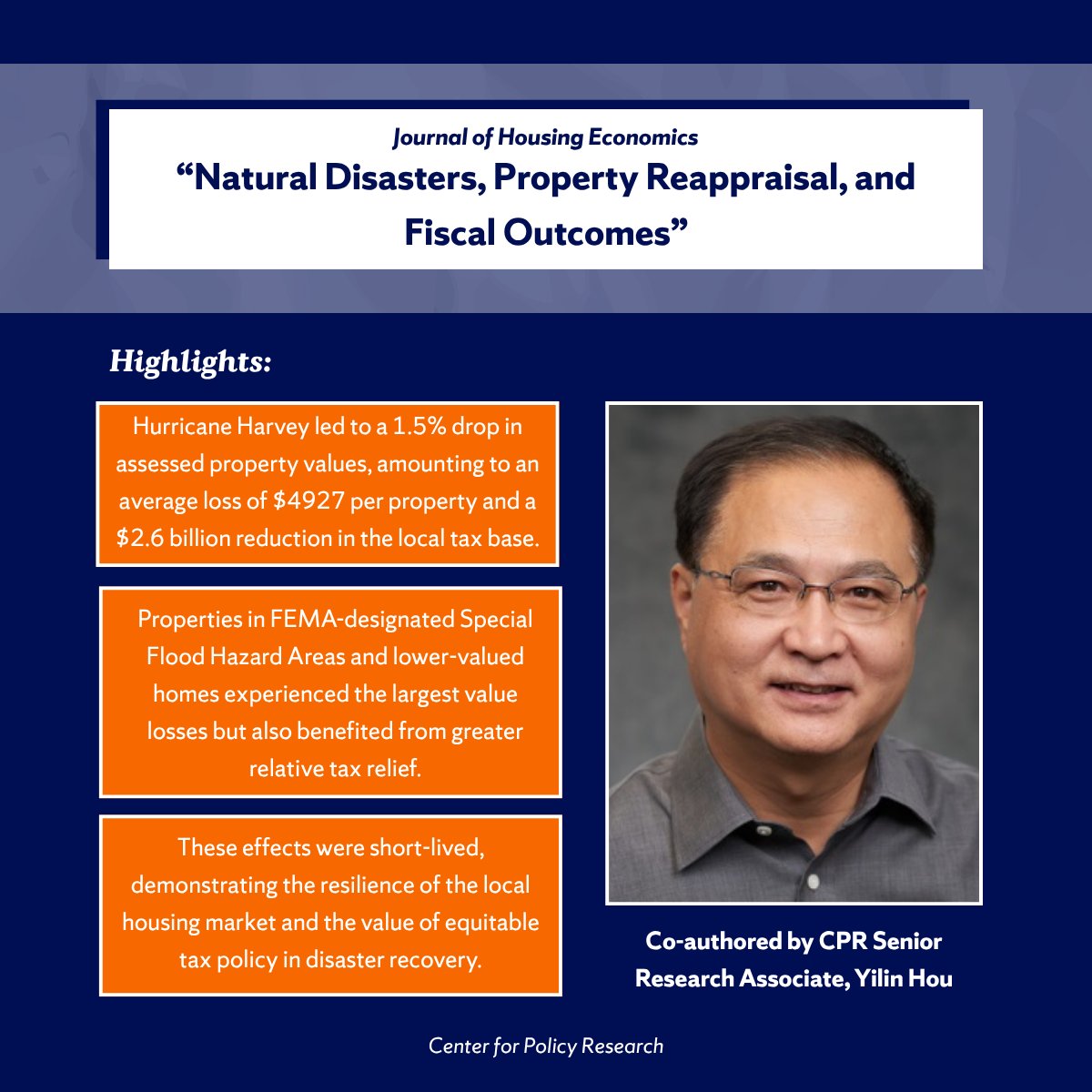 CPRMaxwell's tweet photo. Hurricane Harvey led to a 1.5% decline in assessed property values in Harris County, TX, averaging $4,927 per property and a $2.6 billion reduction in the local tax base. 

Learn more in this new study co-authored by Yilin Hou: https://t.co/A2DpB2KJcp

@MaxwellSU https://t.co/oiMEPtbmdP