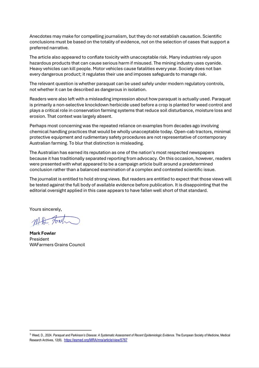 WAFarmersGrains's tweet photo. Here is the @WAFarmersGrains letter to the editor of the @australian regarding Ros Thomas’ article on paraquat. We have asked for the opportunity to respond in this weekend’s paper with our own op-ed on this important issue. @DavidPocock https://t.co/d1Lr01C8L2