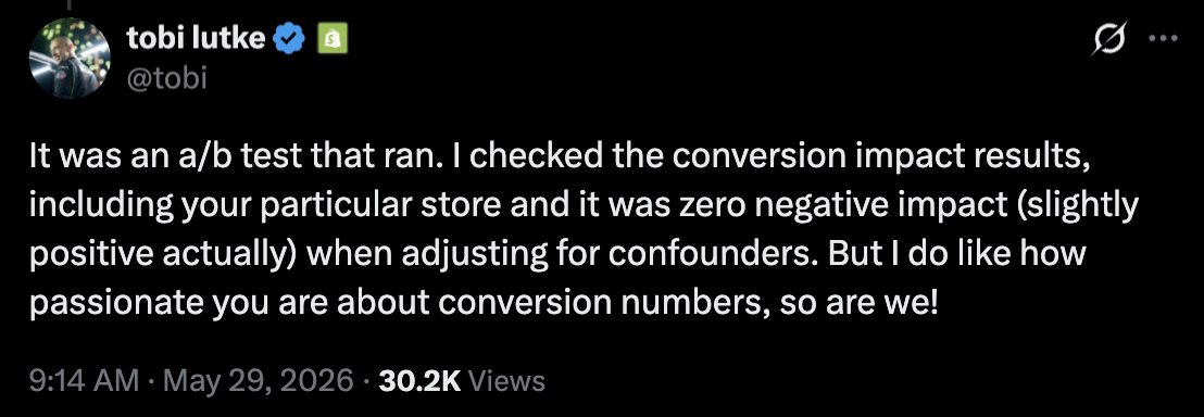 apptics's tweet photo. If you’re not caught up with ecom twitter, reading this post could save your store’s CVR (+ it’s just really good drama)

@jforjacob recently dropped a post last week about how his store’s CVR was being affected by a change in how Shopify shows the “Pay Now” button to users in the UK.

His dropoff at checkout doubled because of the change.

Over 85 comments came in with people worried, and the topic went trending on X with over 250 posts about it.

But there was no fix to be found.

Just a change that Shopify implemented with no way to opt out even with some of the biggest brands on the platform looking for one.

24 hours later, the GOAT @DaveDiederen   came and found a fix.

You had to contact Shopify support and literally talk to employees who didn’t even know this was a setting they could fix.

After dealing with the wait, you could get the checkout button to say “Pay Now” again.

Jacob then confirmed with a quote tweet that this fix also worked for him too, just took hours of dealing with support.

That tweet came 24 hours after the original one.

Think about that for a second, if you were doing 30K+ daily, how much your dropoff at checkout doubling could affect you.

All without Shopify not even giving you a notice.

This is where this post should have ended, but it keeps going.

After Jacob made a tweet talking about how this tweet single handedly got the change reverted, the CEO Tobi decided to join in on the conversation.

“It was an a/b test that ran…” and Tobi concluded the test didn’t negatively impact any stores.

But the question still stood, why can Shopify run tests that cost their vendors millions of dollars without an option to opt out?

As of right now, there is no answer from Shopify, they ran a test and concluded from their end it didn’t affect anyone negatively.

Jacob is claiming it affected him and all the other brand owners he knows and as soon as the change went back, their dropoffs went back to normal too.

Shopify will always do what’s in their best interest, even if it might affect the merchants. And we’ve noticed more and more of these changes happening every month.

If you want updates like this, make sure you follow @apptics account

And as we always say, if you want to stop dealing with random changes like this, DM us and see how we can help.