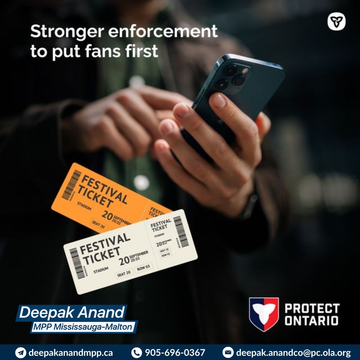 DeepakAnandMPP's tweet photo. Ticket scalpers who rip off Ontario families are on notice!
Our govt has capped resale prices &amp; now we’re raising penalties to $25,000 to crack down on price gouging, making it easier for fans to see their favourite band, artist or sports team live.
https://t.co/SGtCRctkk6 https://t.co/6FGlbQdb3T