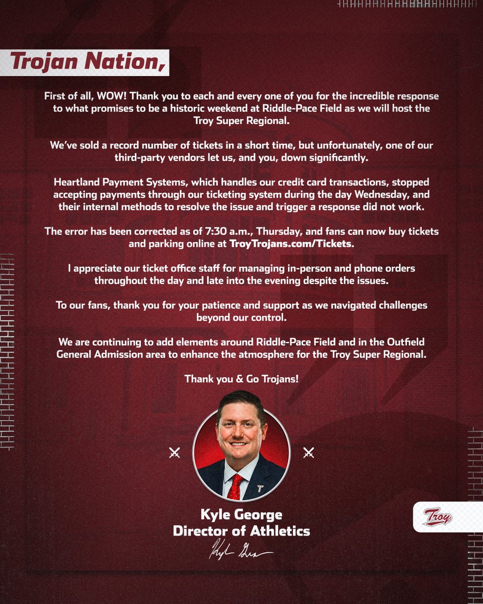 TroyTrojansBSB's tweet photo. 𝙎𝙏𝘼𝙏𝙀𝙈𝙀𝙉𝙏 - 𝙏𝙍𝙊𝙔 𝘼𝘿 𝙆𝙔𝙇𝙀 𝙂𝙀𝙊𝙍𝙂𝙀 https://t.co/nUNV86V2Y9