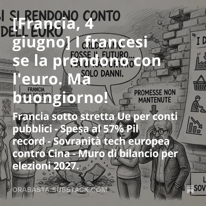giuslit's tweet photo. I francesi se la prendono con l'euro. Ma buongiorno!
Francia sotto stretta Ue per conti pubblici - Spesa al 57% Pil record - Sovranità tech europea contro Cina - Muro di bilancio per elezioni 2027.
https://t.co/3lRlYmLFwu
#4giugno2026 https://t.co/YjeAzrVLkQ