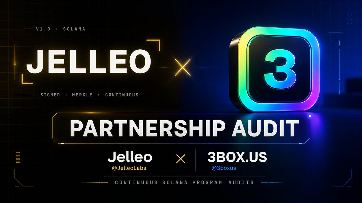 3boxus's tweet photo. Security is not a one-time checkpoint.

Jelleo × https://t.co/a9AoBvscZS begins the Partnership Audit layer for continuous Solana program audits.

Built for safer execution, cleaner infrastructure, and stronger trust across the ecosystem.

@JelleoLabs × @3boxus https://t.co/Q2ON2M3fyj