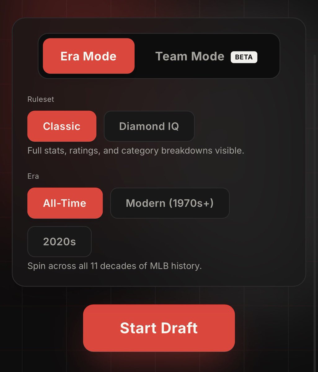 elripalda's tweet photo. Chasin’ 117 v2 is now LIVE⚾️

✅ New Playable Eras
✅ Classic + Diamond IQ modes
✅ All-new Team Mode
✅ Build the an all-time squad from one
franchise
✅ Chase the highest score and climb the leaderboards

Draft 11 players. try to break the MLB record.
Play now and share with a baseball friend 👇

https://t.co/jhHs1kQ1Sc