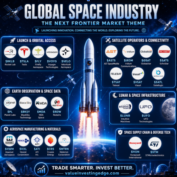 StonkValue's tweet photo. SpaceX’s, $SPCX reported ~$1.75T valuation will reprice the entire space stocks.

Major Space stocks that could benefit:

Launch:
$RKLB, $TSLA, $FLY, $VOYG, $VELO

Satellites & Connectivity:
$ASTS, $IRDM, $GSAT, $SATS, $TSAT, $VSAT, $SATL

Space Data:
$PL, $BKSY, $MDA, $RDW

Lunar & Infrastructure:
$LUNR, $UFO

Aerospace Materials:
$HWM, $HXL, $ATI, $CRS, $MTRN

Supply Chain:
$HON, $STM

ETF Exposure
$UFO