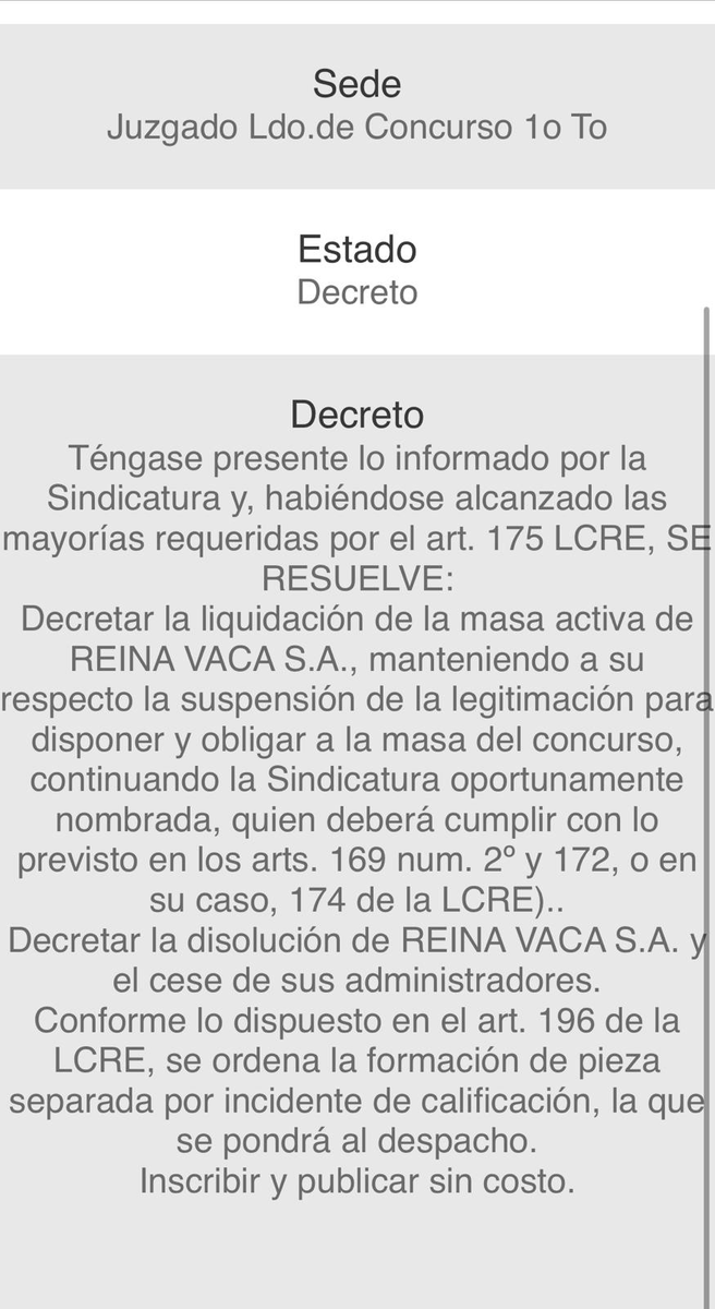 EPreve's tweet photo. 🔴AHORA

✔️La Justicia decretó la liquidación de Reina Vaca SA, una de las sociedades anónimas utilizadas por República Ganadera en su estafa a los ahorristas.

✔️República Ganadera presenta una deuda de US$ 95 millones y únicamente cuenta 1.106 vacas, US$ 6,6 millones en efectivo y US$ 9 millones en bienes.

✔️Hay más de 1.400 familias damnificadas de República Ganadera