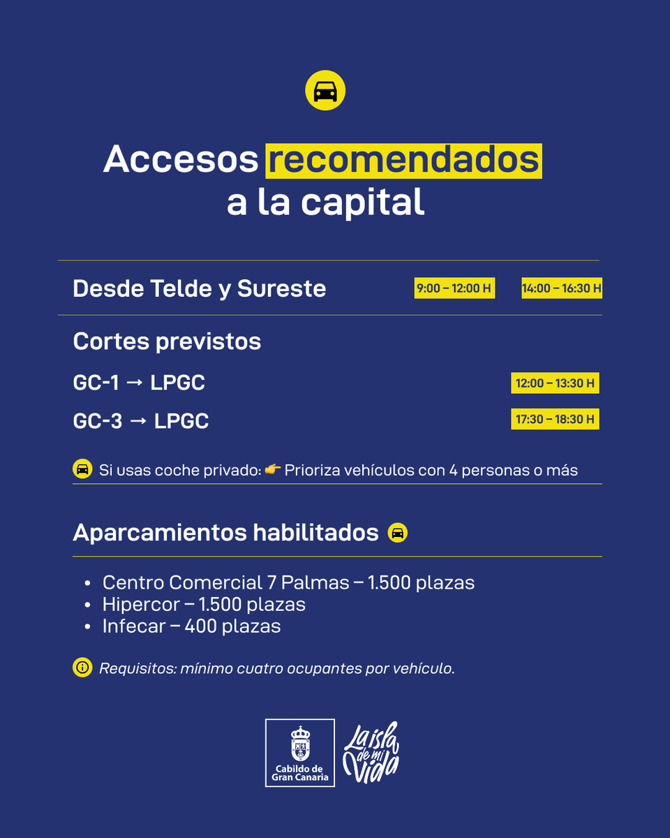 GranCanariaCab's tweet photo. El 11 de junio pedimos reducir los desplazamientos no esenciales para facilitar la movilidad durante la visita del Papa León XIV.

⚠️ Habrá cortes en GC-1 y GC-3
🚌 Refuerzo de guaguas y lanzaderas
🚗 Aparcamientos próximos: mínimo 4 personas por coche https://t.co/nzANMrjnJH