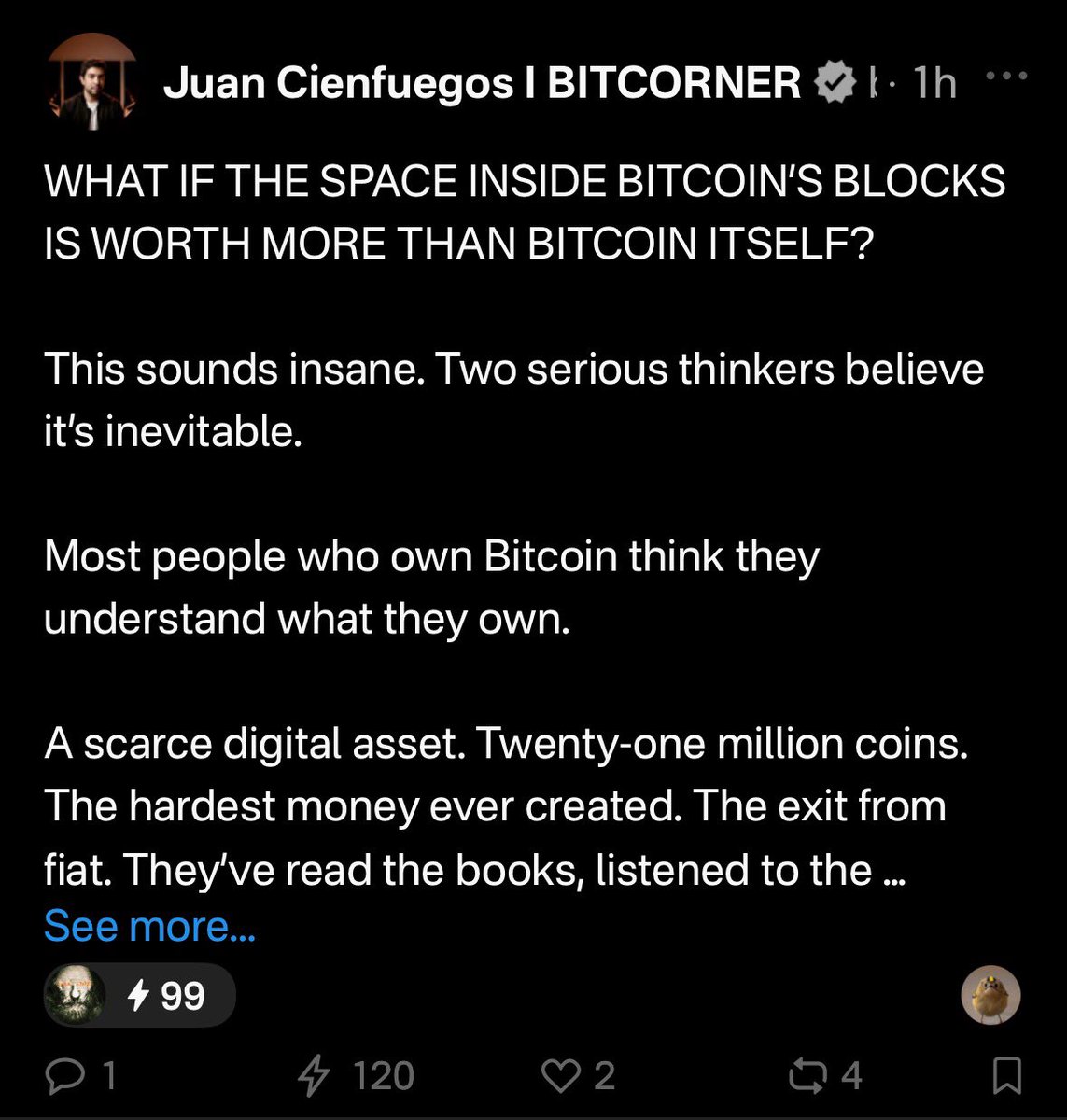 BitCornerPod's tweet photo. What if the space inside Bitcoin’s blocks is worth more than Bitcoin itself?

This sounds insane. Two serious thinkers (@JasonPLowery and @boomer_btc) believe it’s inevitable.

There’s a debate quietly building at the edges of Bitcoin thought that asks a question most Bitcoiners haven’t considered:

What if the real prize isn’t the coin?
What if it’s the block?

READ ARTICLE: https://t.co/eFSleMKyp5