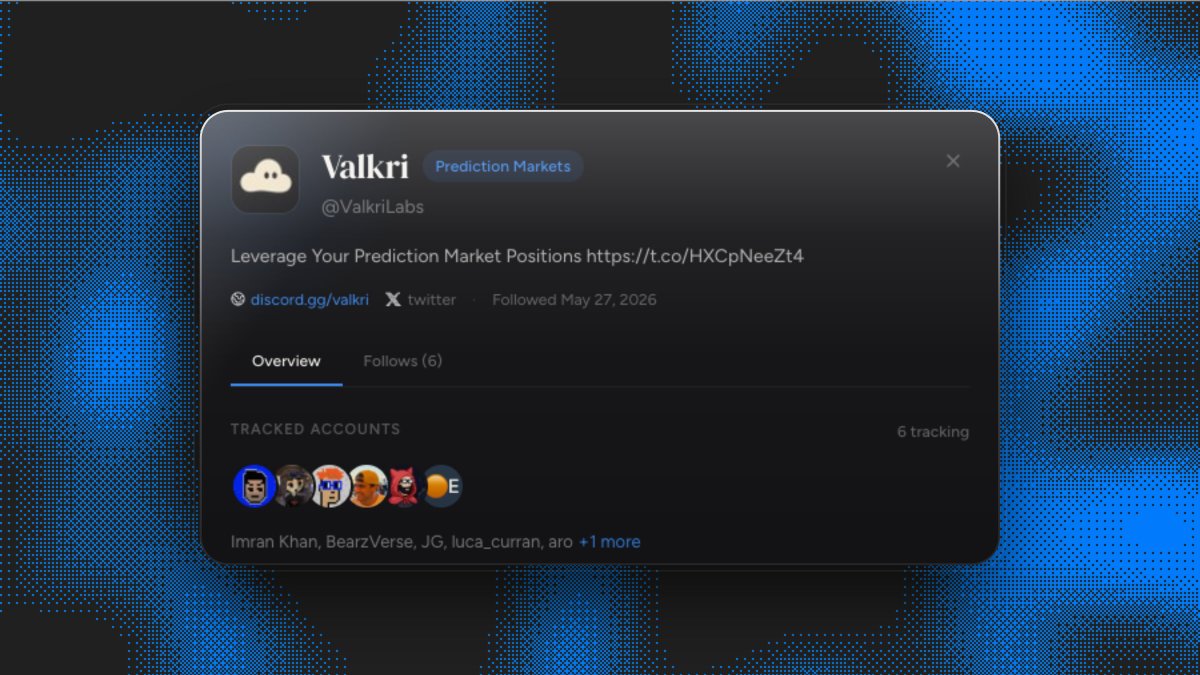 frontrunvc's tweet photo. EARLY: @ValkriLabs - 192 followers. 

@frontrunvc flagged it 8 days ago.

Valkri lets you borrow against PM positions as collateral. Leverage for prediction markets.

Founder @praxisloverboy. https://t.co/4hXadSOXxD