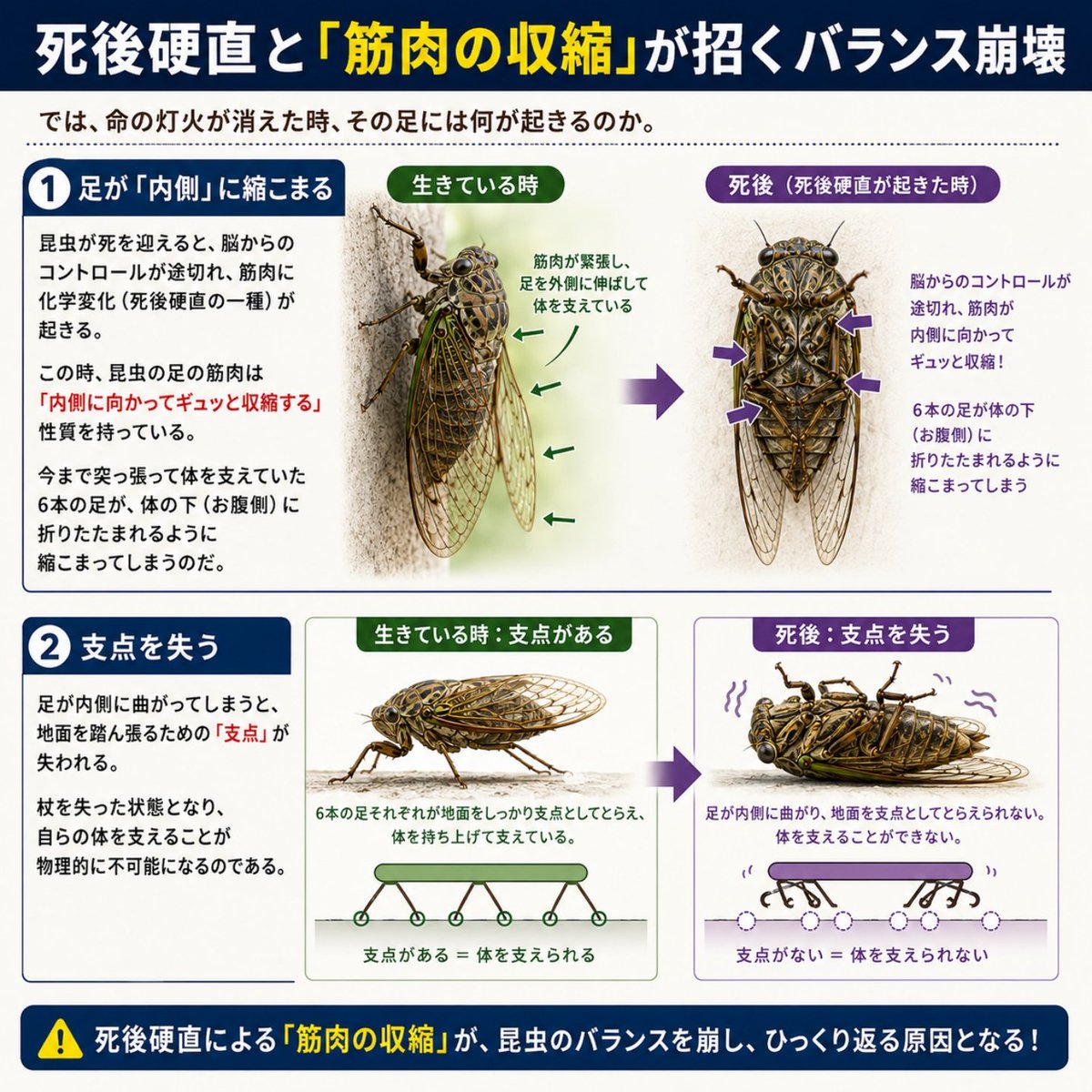 NEWSOFFX's tweet photo. 【夏の終わり、道端やベランダで見かけるセミやクワガタの死骸。】
ふと気づくと、彼らはみんな決まって「あお向け」にひっくり返っていませんか？

もしかして、空を見上げながら最期を迎えたいという本能…？
実はこれ、苦しんだ結果でも偶然でもなく、「筋肉の構造」と「重力」が引き起こす
極めて科学的な現象だったんです！

◆立っているだけで筋トレ！？6本の足を支える生きた筋肉
◆命の灯火が消えると、足が「内側」に縮こまるメカニズム
◆とどめを刺すのは「重力」！背中が重い昆虫の宿命

あお向けのポーズは、一生懸命に全身をコントロールして生きてきた彼らが、すべての力を手放した「究極の休息の姿」でした。
次に虫を見つけた時の感情が「不気味」から「お疲れ様」に変わる、優しくて驚きに満ちたサイエンス・コラム！