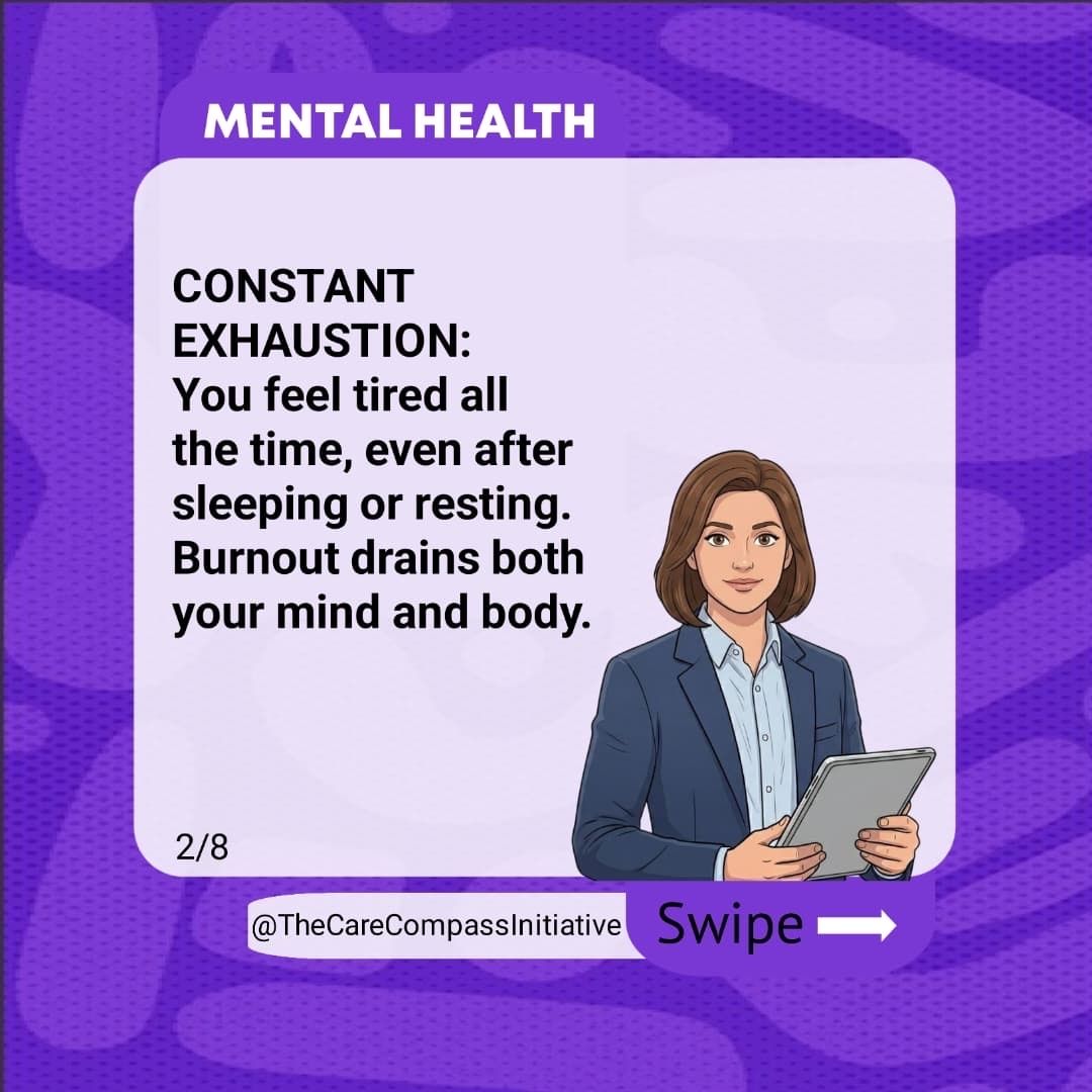 TheCareCompass_'s tweet photo. Burnout isn’t just feeling tired.

It can show up as:
▪️ Constant exhaustion
▪️ Social withdrawal
▪️ Lack of motivation
▪️ Difficulty concentrating

Your mind deserves care just as much as your body. Take a moment to check in with yourself today.

#SelfCareMatters #TCCI https://t.co/J53p9g8NI1