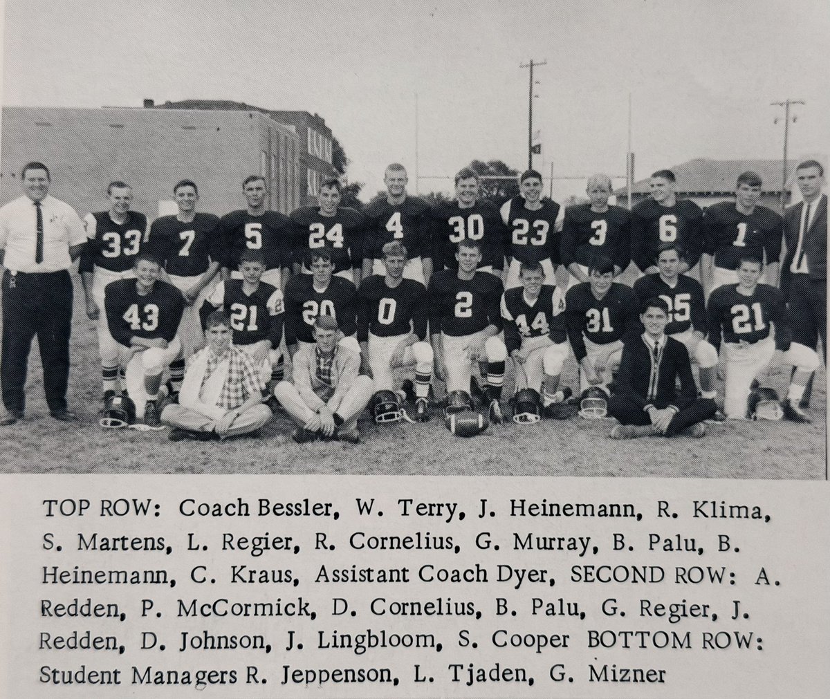 PCS_Pride's tweet photo. It’s #ThrowbackThursday.  Today is June 4️⃣th.  In honor of that number, here’s a nod to Leon Regier — the last Madrid Pirate football player to wear a no. 4️⃣ jersey (fall of 1966).  The following school year, Madrid consolidated with Elsie to form Wheatland HS.  
#honoringourpast
#madridpirates 
#elsiebulldogs
#wheatlandspartans