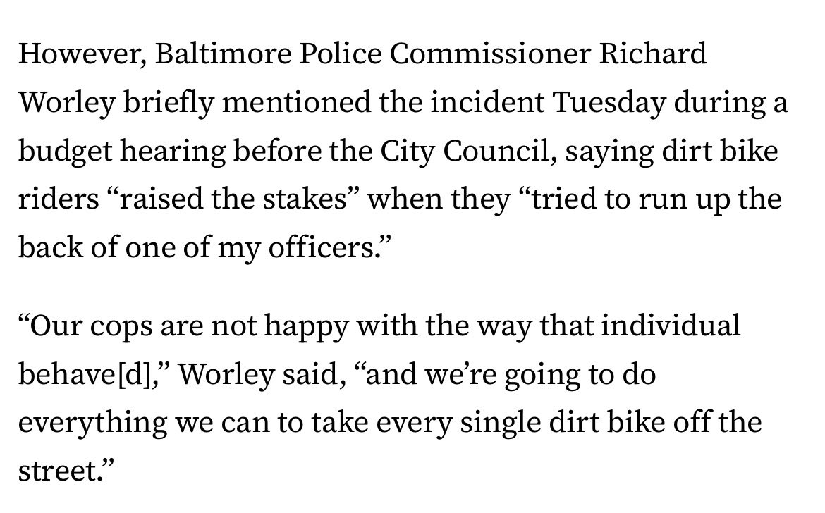 justin_fenton's tweet photo. “Our cops are not happy,” @BaltimorePolice Commissioner Richard Worley said at council budget hearing, vowing crackdown on dirt bikers after officer was injured in weekend incident (Per Sun) https://t.co/KqfjBQElOS