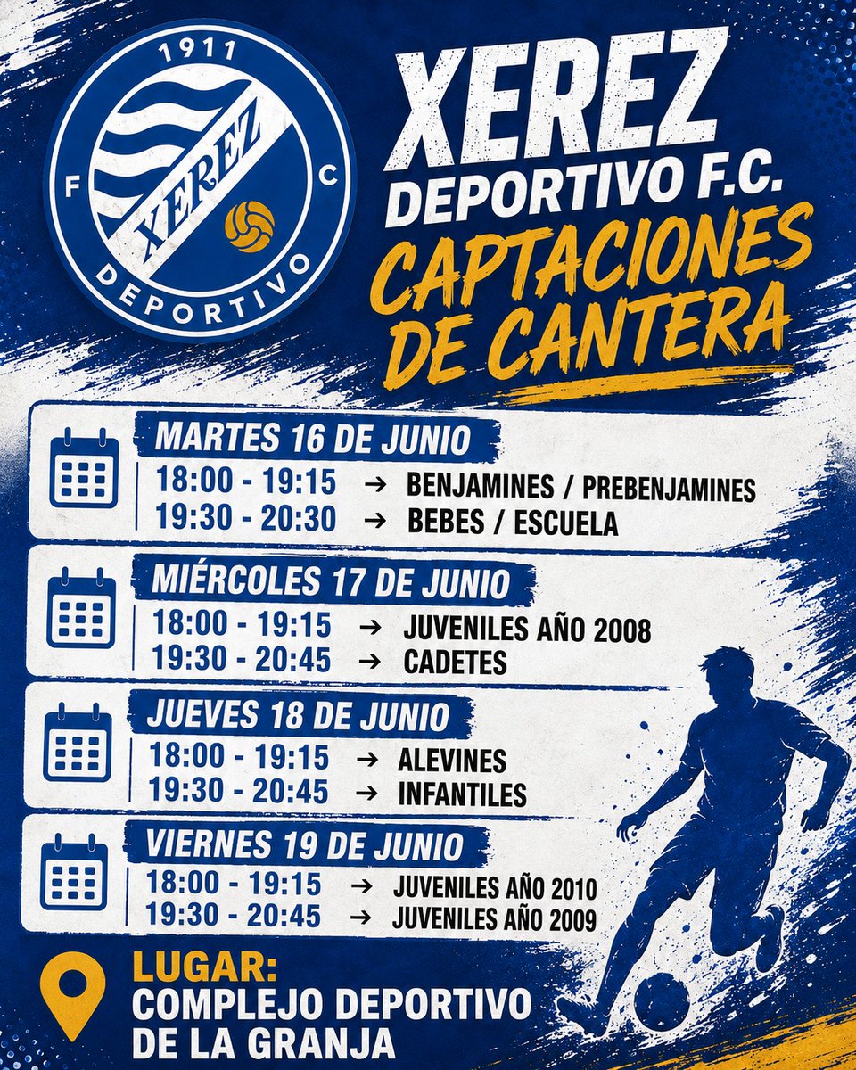 XerezDFCCantera's tweet photo. ⚽️¡Horarios de las captaciones!

Inscríbete rellenando el formulario 👉 https://t.co/z6NB7mGtAz

📅Martes 16: Benjamines-Prebenjamines y Bebés-Escuela
📅Miércoles 17: Juveniles (2008) y Cadetes
📅Jueves 18: Alevines e Infantiles
📅Viernes 19: Juveniles (2009  y 2010)

📍La Granja https://t.co/3vl7kNNArs