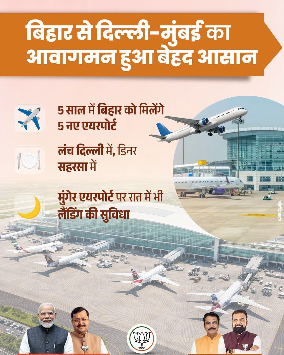 BJP4Bihar's tweet photo. बिहार को अब दिल्ली-मुंबई जैसे महानगरों से जोड़ने और आवागमन को बेहद आसान बनाने के लिए विमानन क्षेत्र में बड़ी क्रांति हो रही है।

#NDA4Bihar 
#BJP4India https://t.co/iyahYag3hz