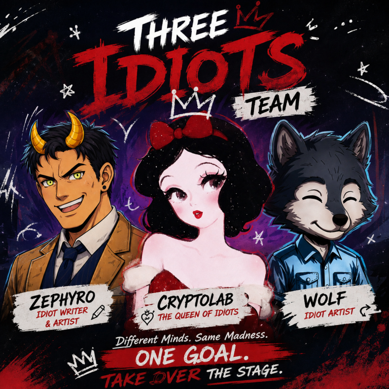 Cryptolab06's tweet photo. Three Idiots have entered the challenge

Don't let the name fool you. We didn't come here to participate, we're here to take over the stage

Meet the crew:

@Cryptolab06 -  Queen of Idiots
@wolfportfoliox - Idiot Artist
@Zephyro_STARK  - Idiot Writer/Artist

So if you see "Three Idiots" on the leaderboard, don't be too surprised. Sometimes the people with the funniest names end up causing the biggest problems

The stage is set. The $INJ idiots have arrived
